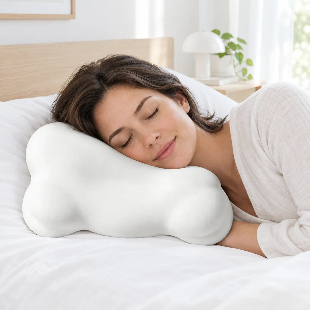A woman resting on the Nestora pillow in a bright bedroom